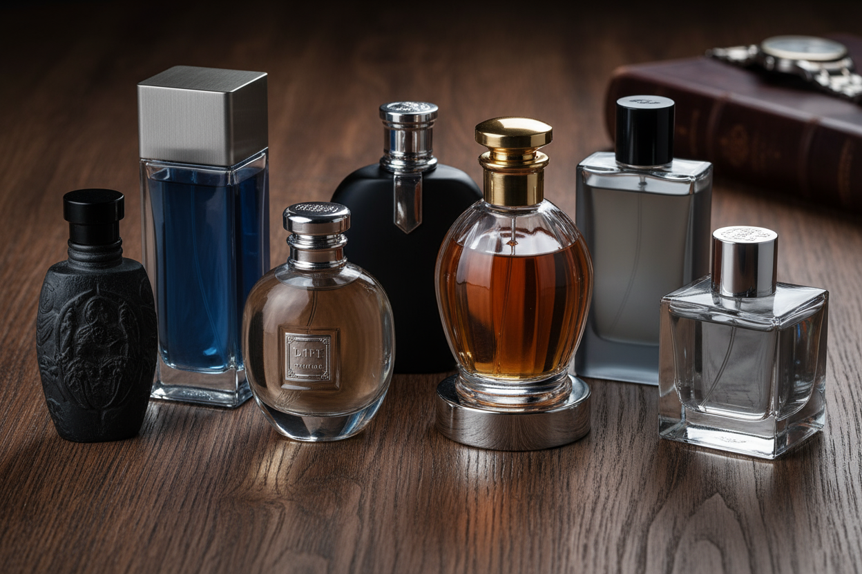 Collection of various men's perfumes on a wooden surface