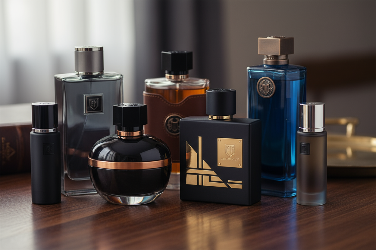 Collection of various men's perfumes on a wooden surface